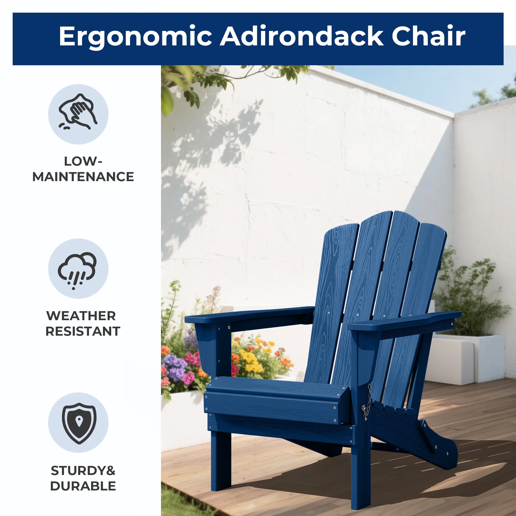 HDPE Folding Adirondack Chair Stackable Navy HDPE Frame Stationary Adirondack Chair with Slat Seat