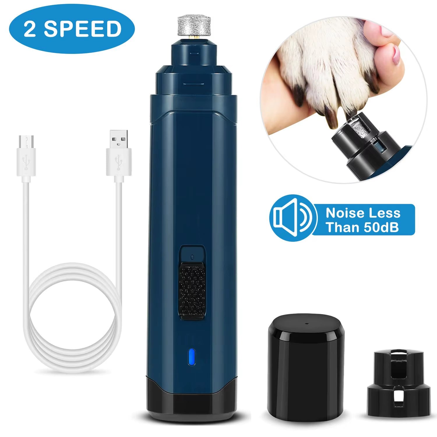 Professional Dark Blue Cordless Pet Nail Grinder for Dogs Quiet 2-Speed USB Rechargeable Model D0100HED8WA Paws Nail Drill