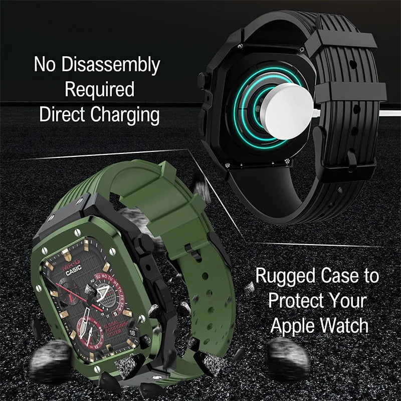 Luxury Modification Kit for Apple Watch Series 8 7 45Mm Men Rugged Case for Iwatch 6 5 4 44Mm Metal Cover+Silicone Sports Strap