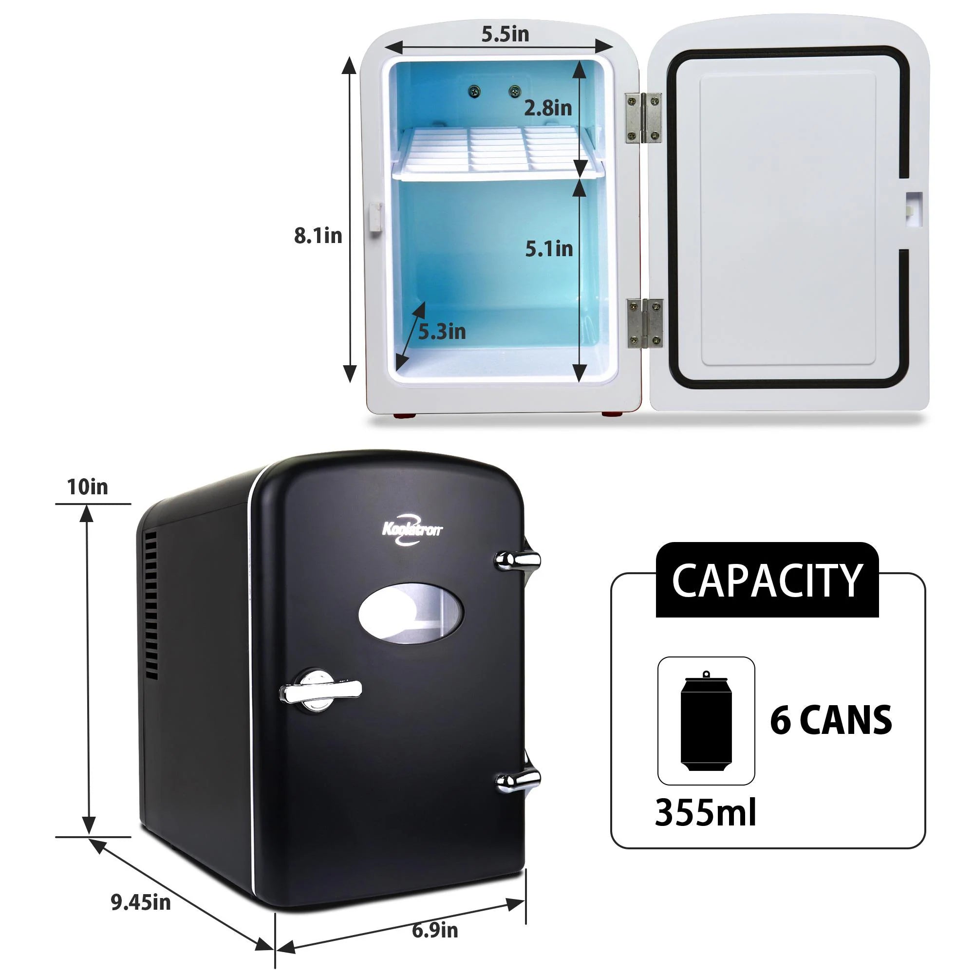 4L Retro Portable 6 Can Personal Cooler 0.14-Cu Ft Mini Fridge ( Black )