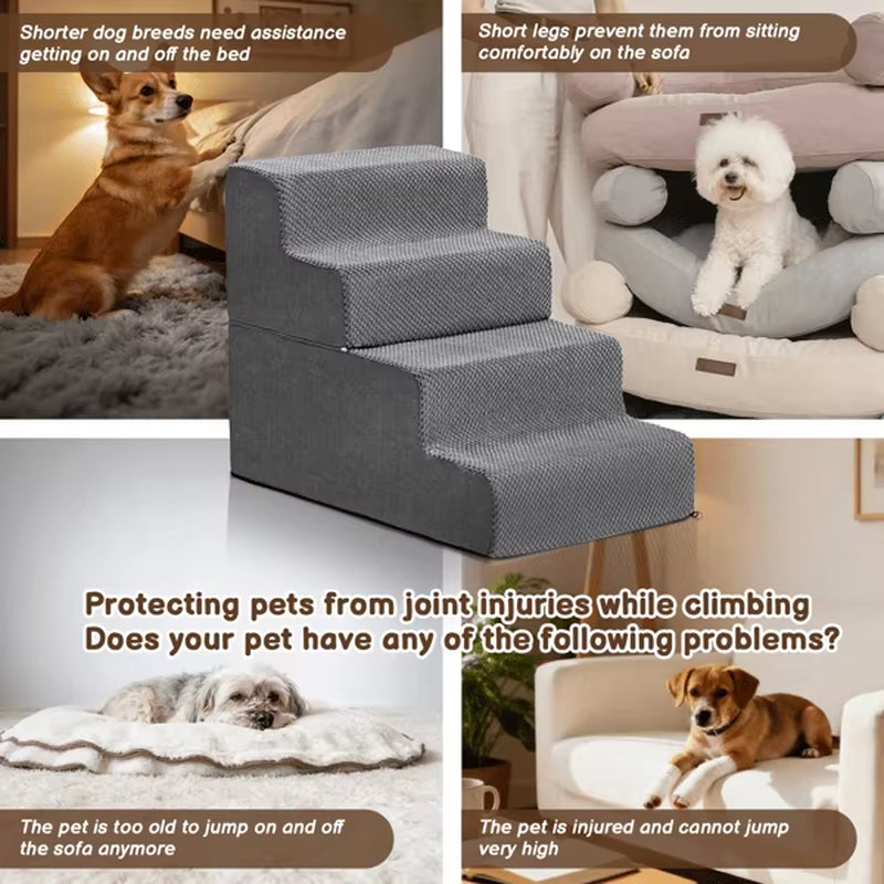 4 Step Dog Stairs for High Beds Non-Slip Removable Washable Cover Ramp Pet Accessory Small Indoor Outdoor Cats Dogs Model