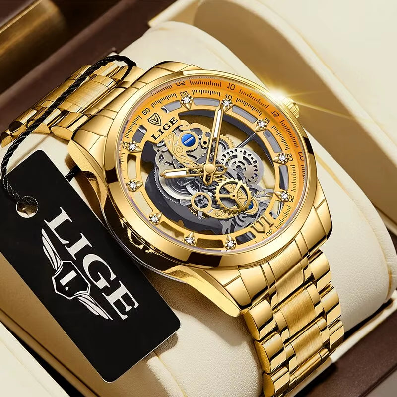 New Men Watch Skeleton Quartz Wristwatch Gold Skeleton Retro Man Watch Top Brand Luxury Clock Mens Watches Reloj Hombre