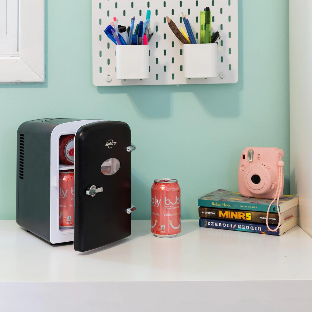 4L Retro Portable 6 Can Personal Cooler 0.14-Cu Ft Mini Fridge ( Black )