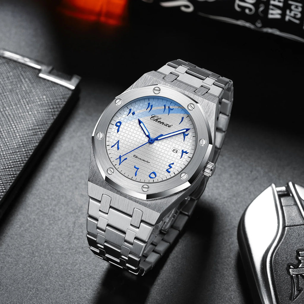 High-End Men'S Watches Waterproof 42Mm Special Eastern Arabic Numerals Dial Calendar Quartz Wristwatch Man Luxury Watch