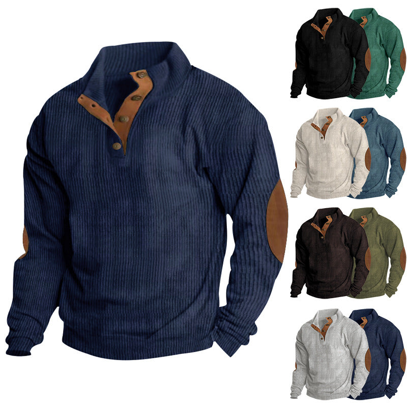 Casual Stand-Collar Long Sleeve Pullover Sweatshirt for Men Fashion Solid Color Striped Design Loose Tops