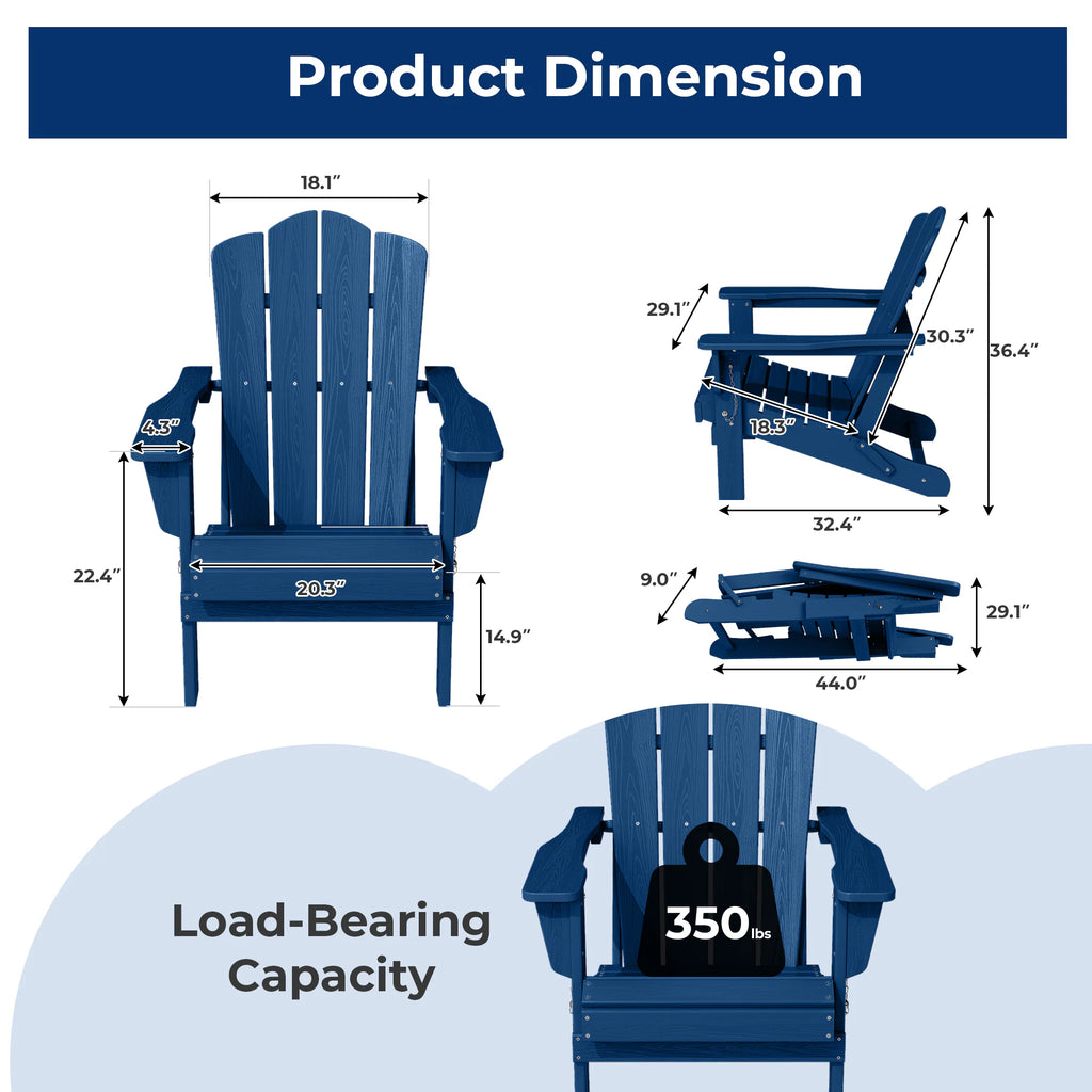HDPE Folding Adirondack Chair Stackable Navy HDPE Frame Stationary Adirondack Chair with Slat Seat
