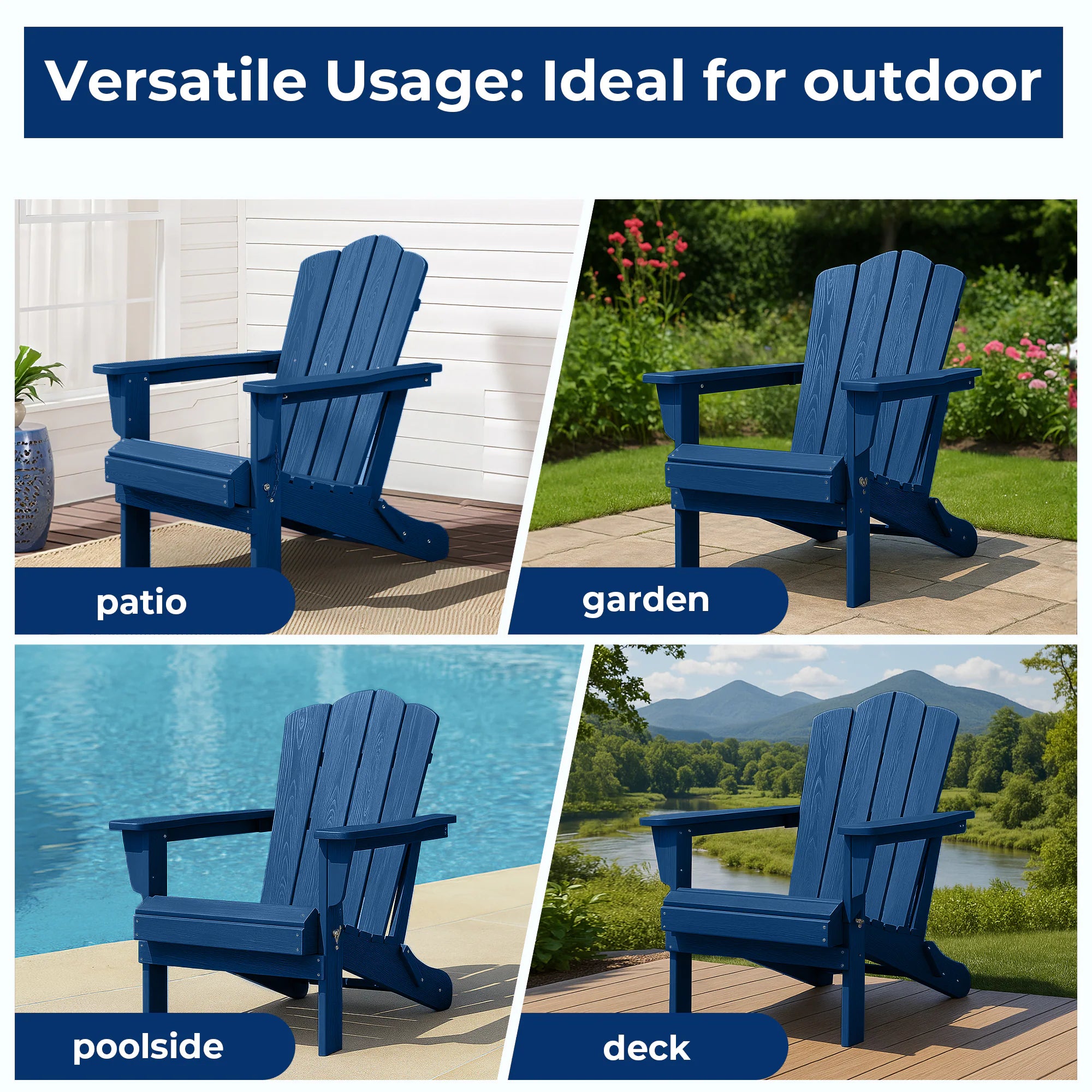HDPE Folding Adirondack Chair Stackable Navy HDPE Frame Stationary Adirondack Chair with Slat Seat