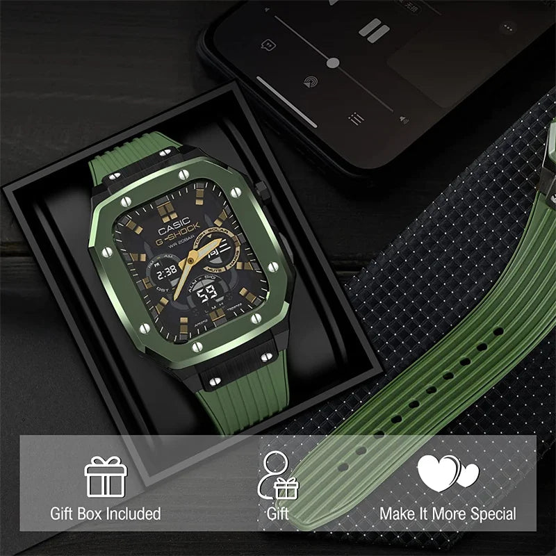 Luxury Modification Kit for Apple Watch Series 8 7 45Mm Men Rugged Case for Iwatch 6 5 4 44Mm Metal Cover+Silicone Sports Strap