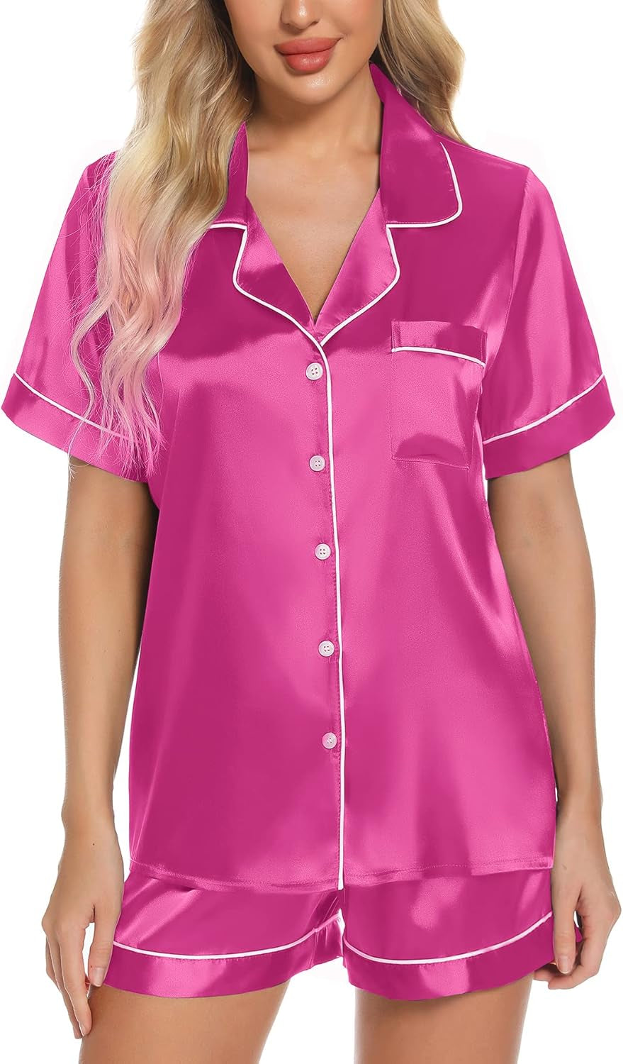 Women'S Silk Satin Pajamas Set Short Sleeve Sleepwear Two Piece Button down Pj Set with Pockets S-XXL