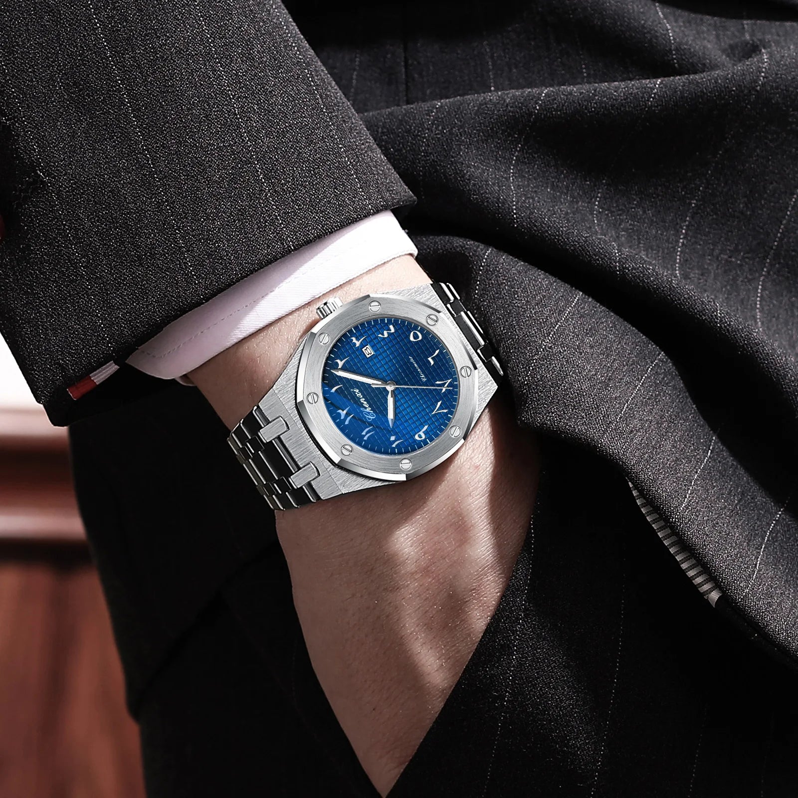 High-End Men'S Watches Waterproof 42Mm Special Eastern Arabic Numerals Dial Calendar Quartz Wristwatch Man Luxury Watch