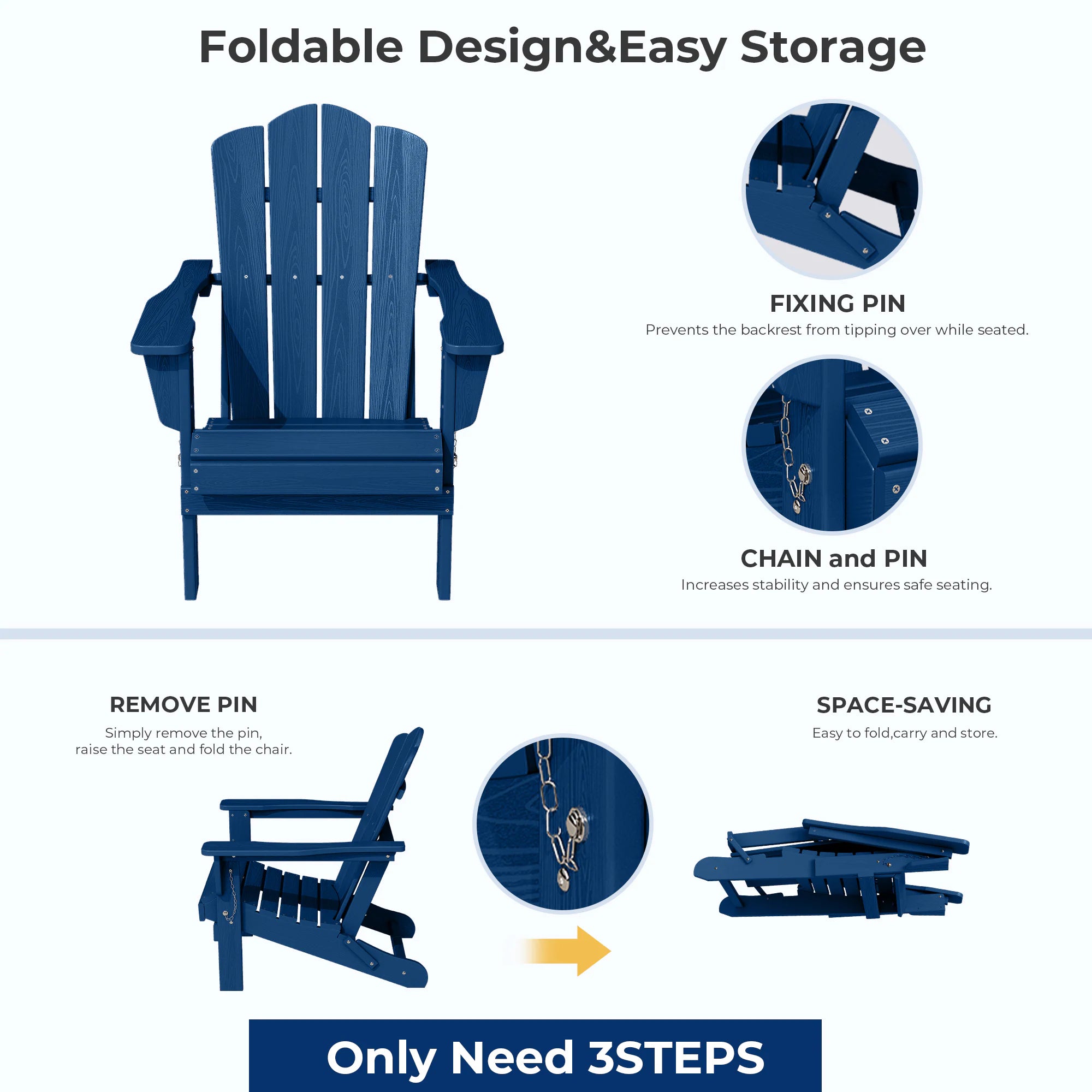 HDPE Folding Adirondack Chair Stackable Navy HDPE Frame Stationary Adirondack Chair with Slat Seat