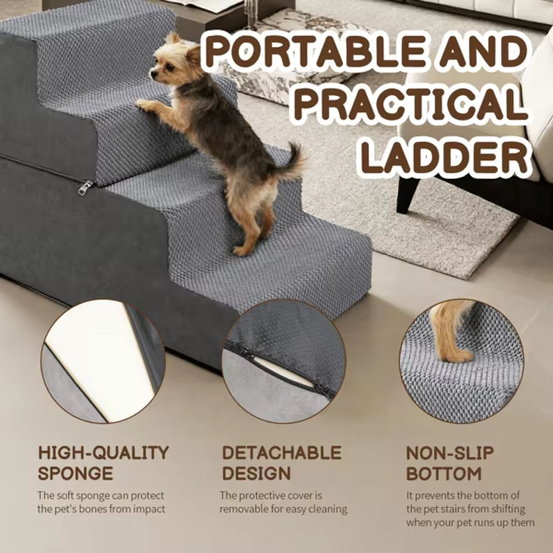 4 Step Dog Stairs for High Beds Non-Slip Removable Washable Cover Ramp Pet Accessory Small Indoor Outdoor Cats Dogs Model