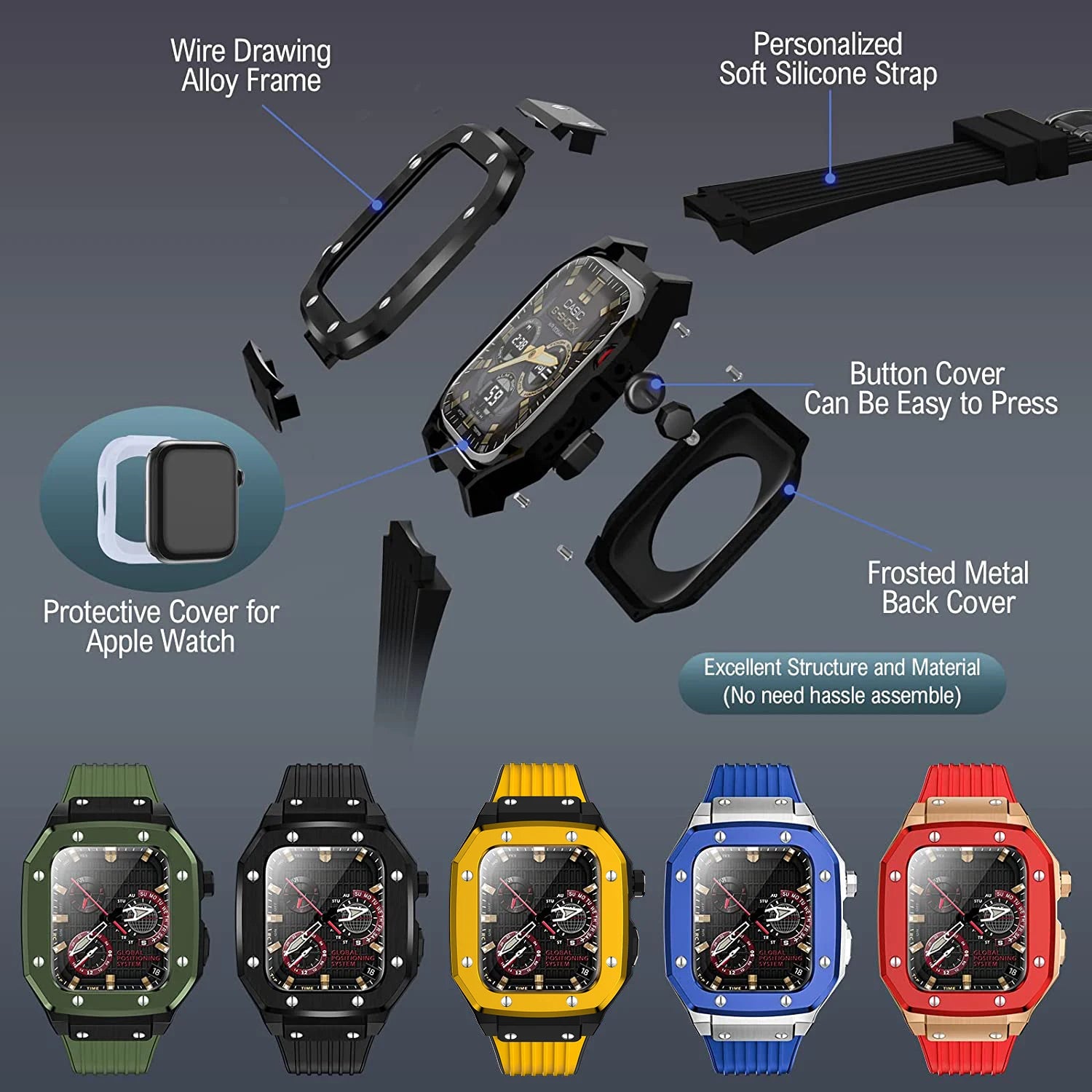Luxury Modification Kit for Apple Watch Series 8 7 45Mm Men Rugged Case for Iwatch 6 5 4 44Mm Metal Cover+Silicone Sports Strap