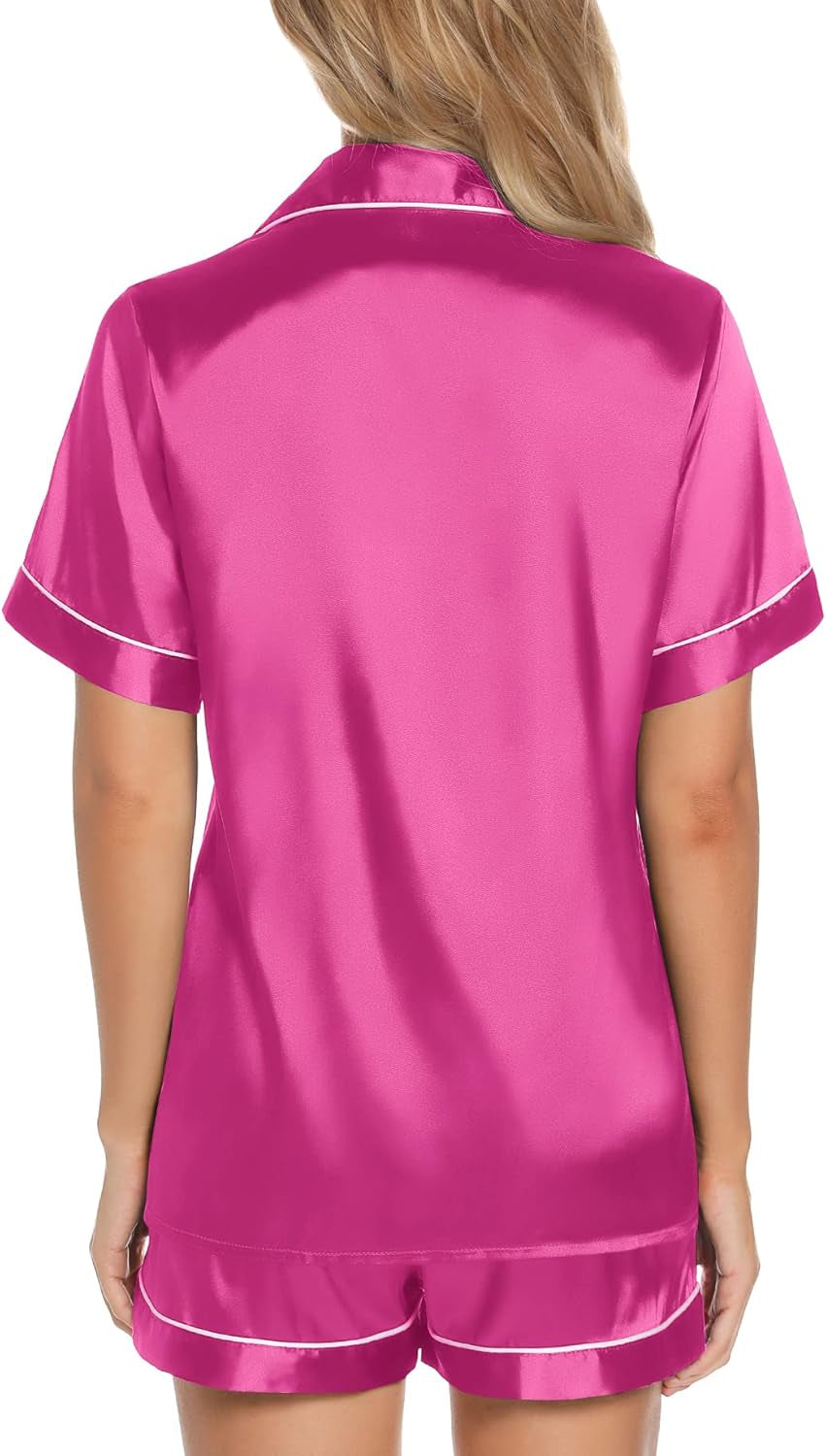 Women'S Silk Satin Pajamas Set Short Sleeve Sleepwear Two Piece Button down Pj Set with Pockets S-XXL