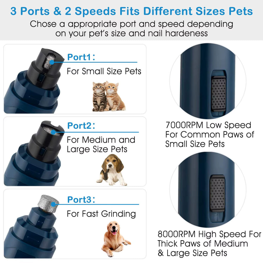 Professional Dark Blue Cordless Pet Nail Grinder for Dogs Quiet 2-Speed USB Rechargeable Model D0100HED8WA Paws Nail Drill