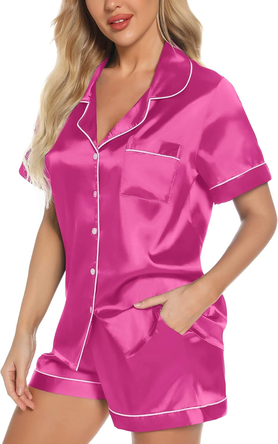 Women'S Silk Satin Pajamas Set Short Sleeve Sleepwear Two Piece Button down Pj Set with Pockets S-XXL
